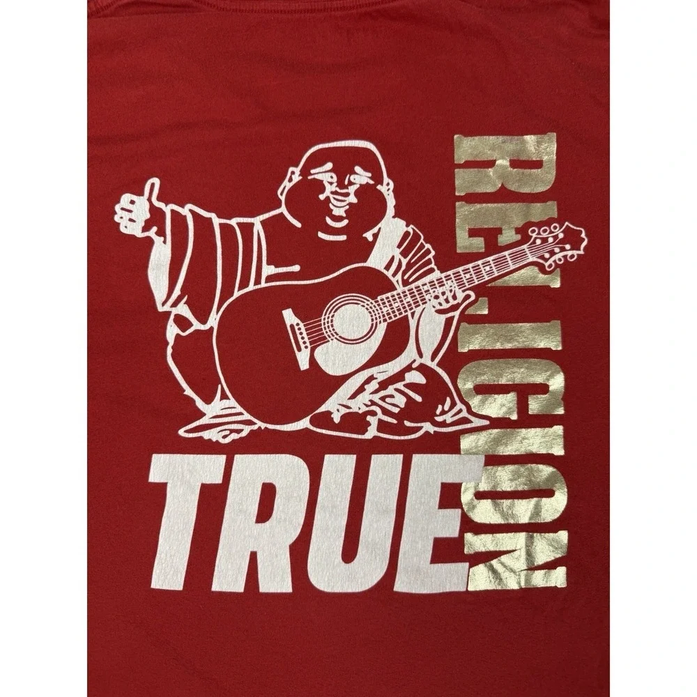 True Religion Shirt Men's 2XL Red Gold Foil Metallic Buddha Logo Cotton T-Shirt
